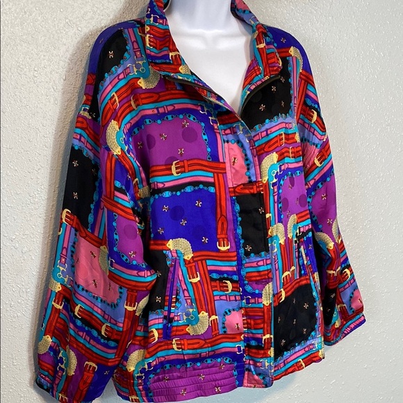 VNTG Mureli 100% Silk Vibrant Purple and Red Bomber Jacket with Artistic Flair - Picture 4 of 10